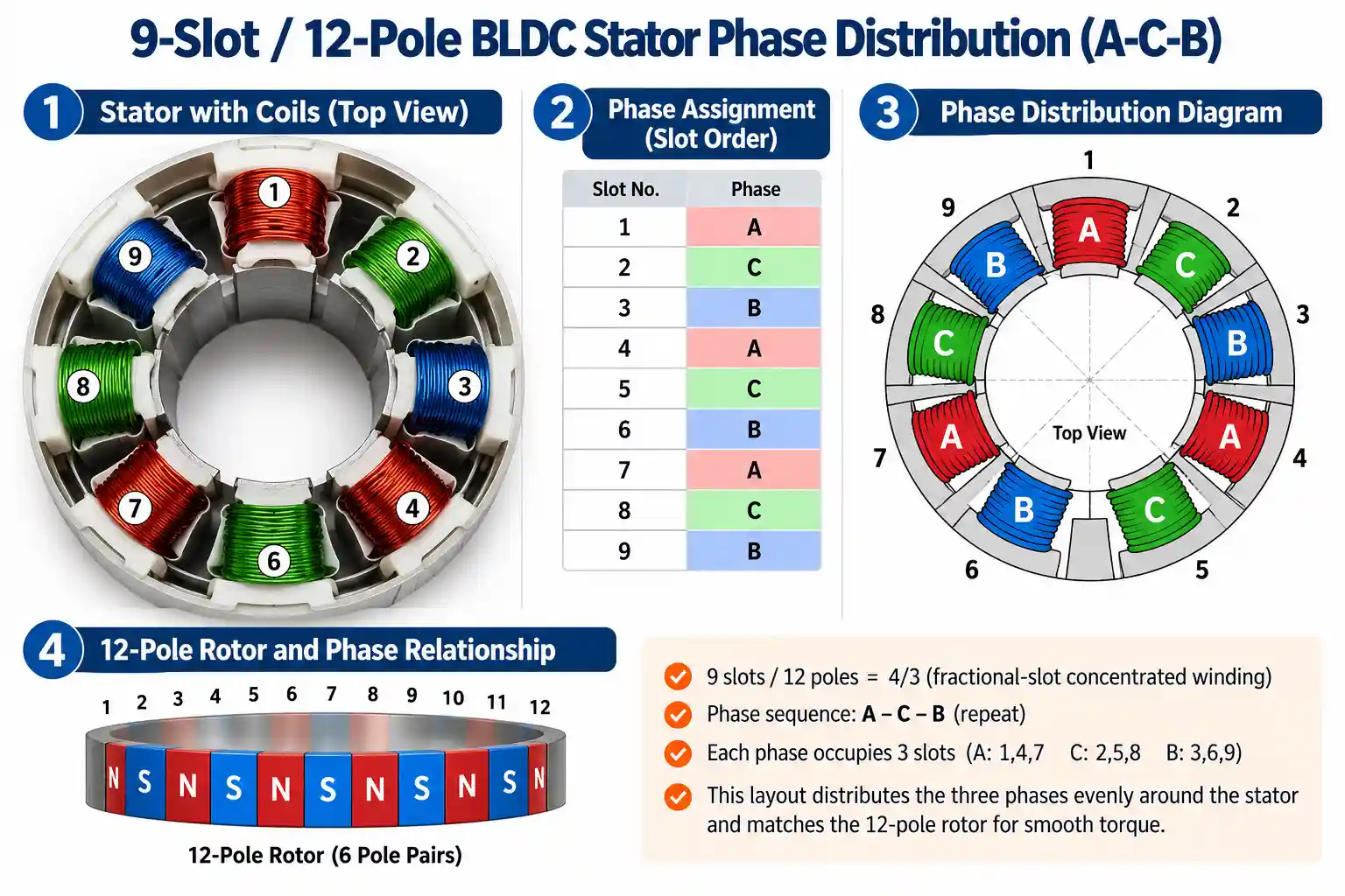 BLDC Motor Winding: Materials, Design, Manufacturing and Testing 4 9-slot 12-pole BLDC stator winding A-C-B phase distribution
