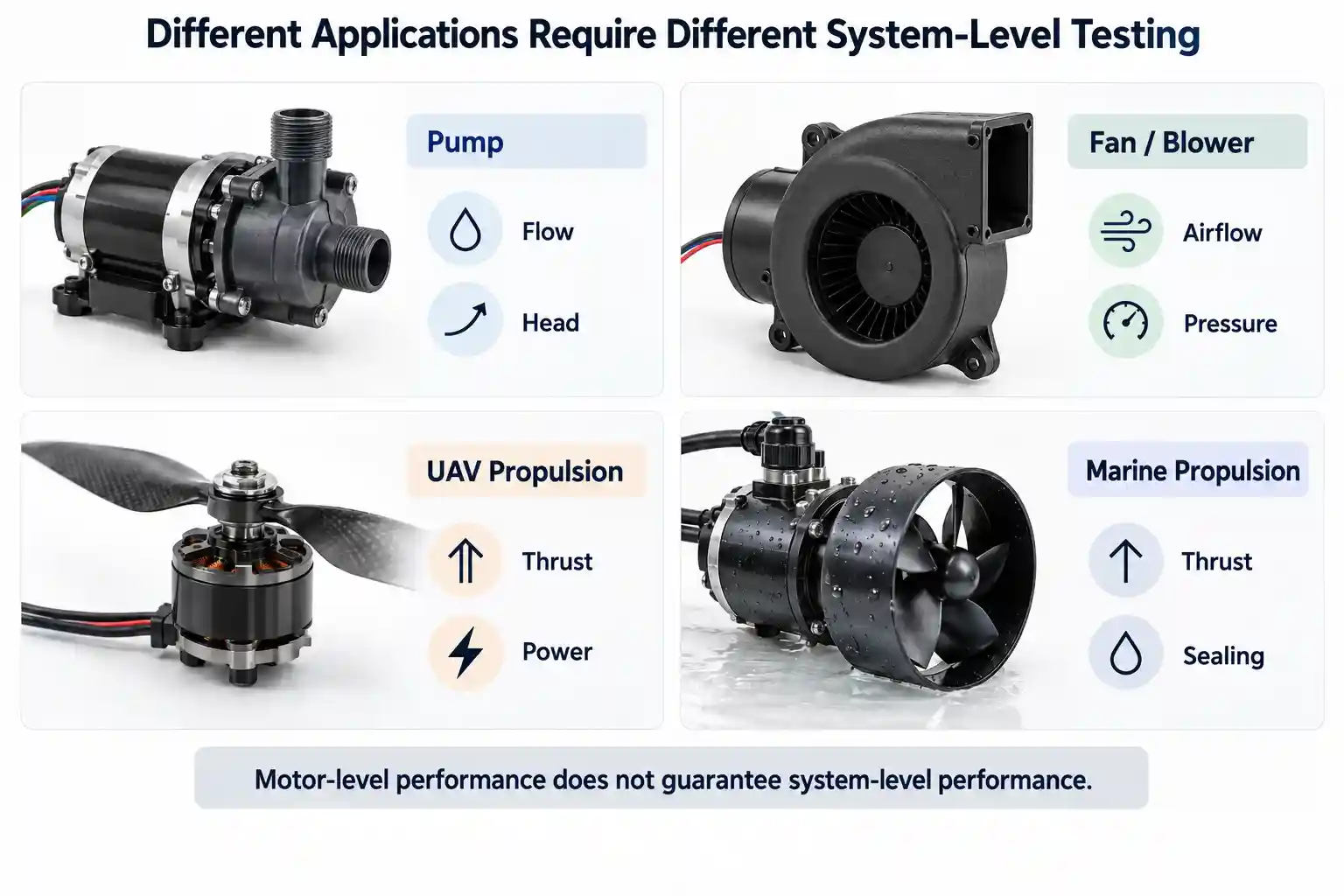 BLDC Motor Testing: Complete Guide to Inspection, Performance & Validation 4 Application-specific BLDC motor testing for pump, fan, UAV and marine propulsion systems