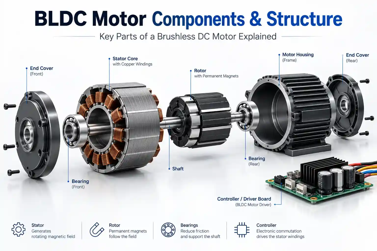 Exploded view of BLDC motor components including housing, stator, rotor, magnets, shaft, bearings and controller