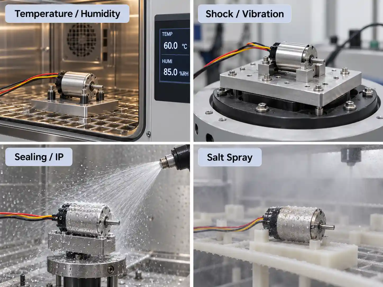 BLDC Motor Testing: Complete Guide to Inspection, Performance & Validation 6 BLDC motor environmental reliability testing including temperature, humidity, shock, vibration, IP and salt spray