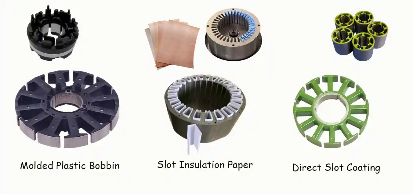Comparison of three stator slot insulation structures for brushless DC motors, including plastic bobbin, slot liner paper and direct coating insulation for robotic and drone BLDC stators.