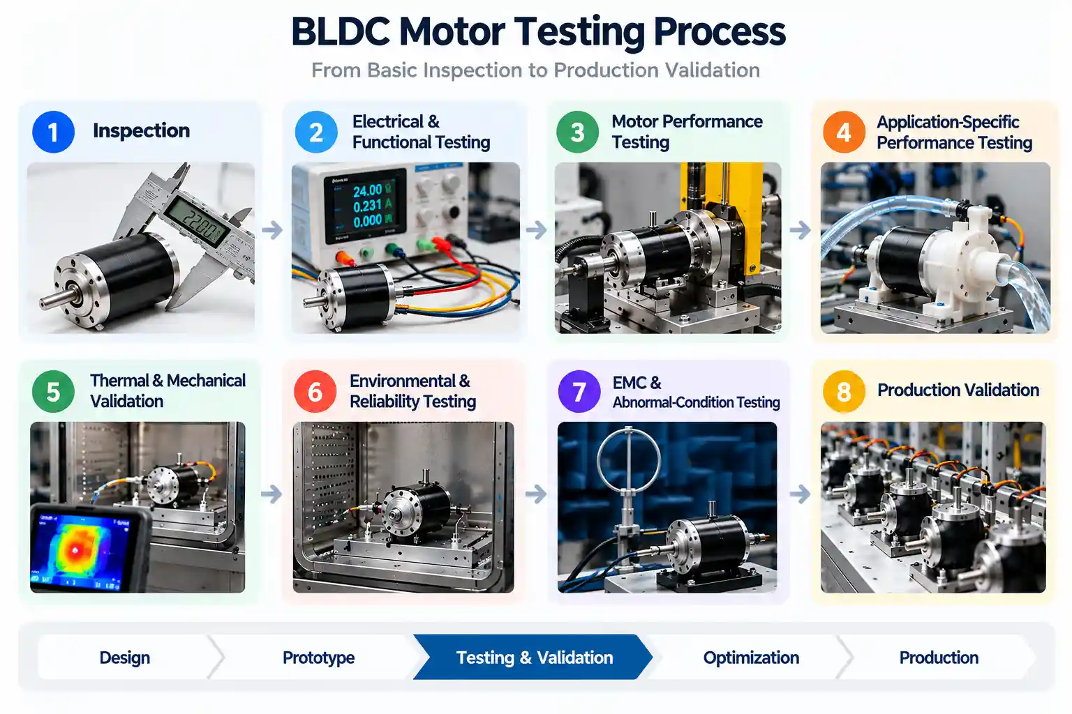 BLDC Motor Testing: Complete Guide to Inspection, Performance & Validation 1 BLDC motor testing process from inspection and performance testing to reliability and production validation