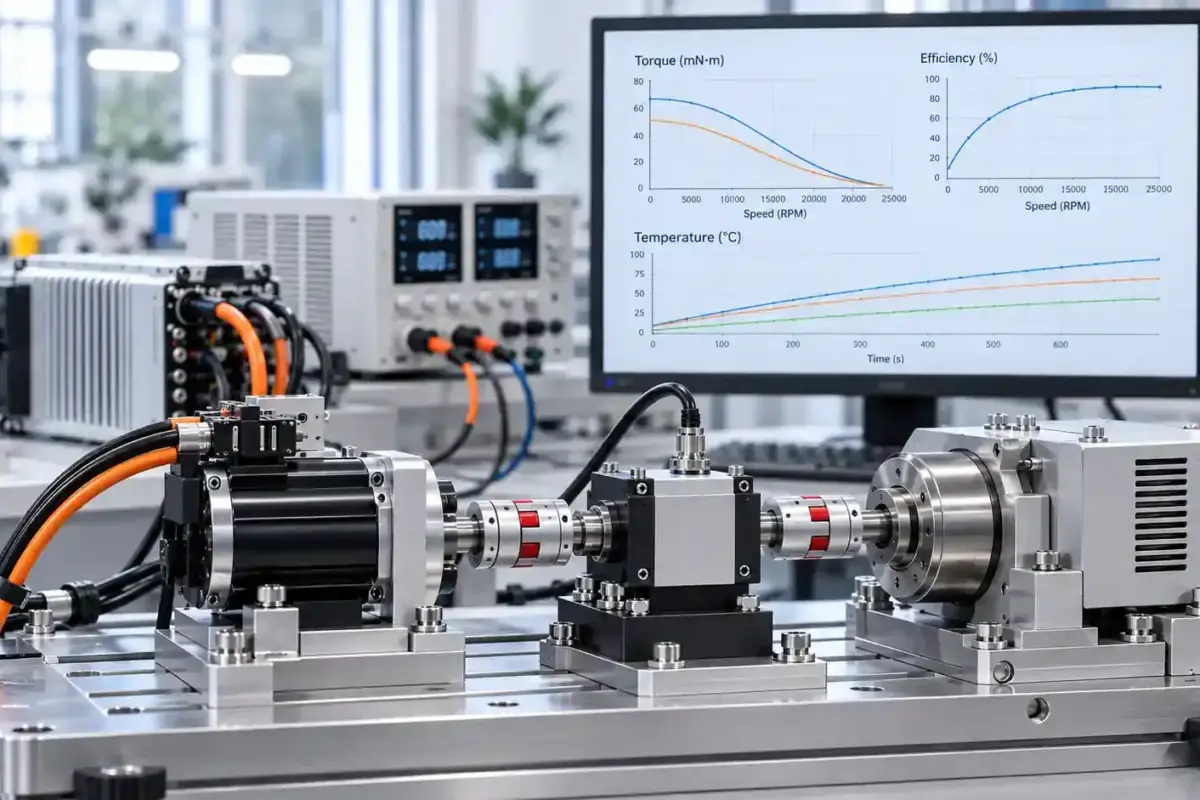 BLDC motor testing on a precision dynamometer for torque, speed, efficiency and temperature validation