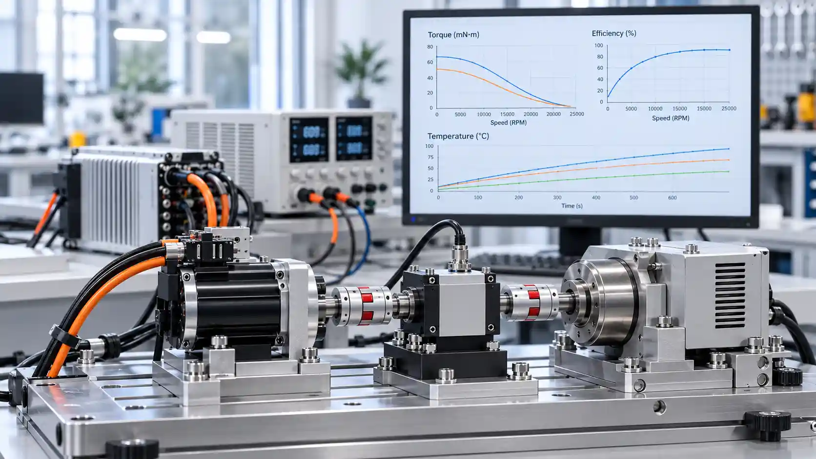 BLDC motor testing on a precision dynamometer for torque, speed, efficiency and temperature validation