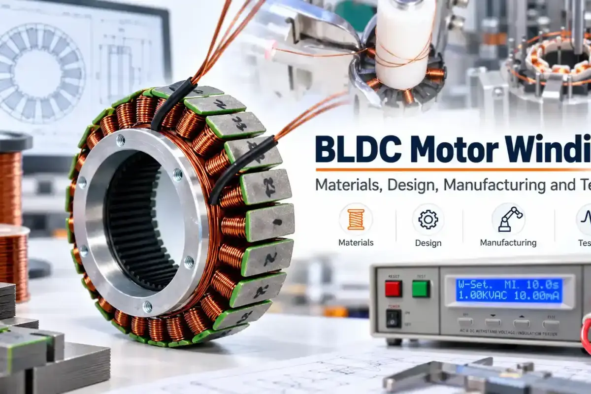 BLDC motor winding overview showing a stator winding, copper wire, winding process, manufacturing and electrical testing.