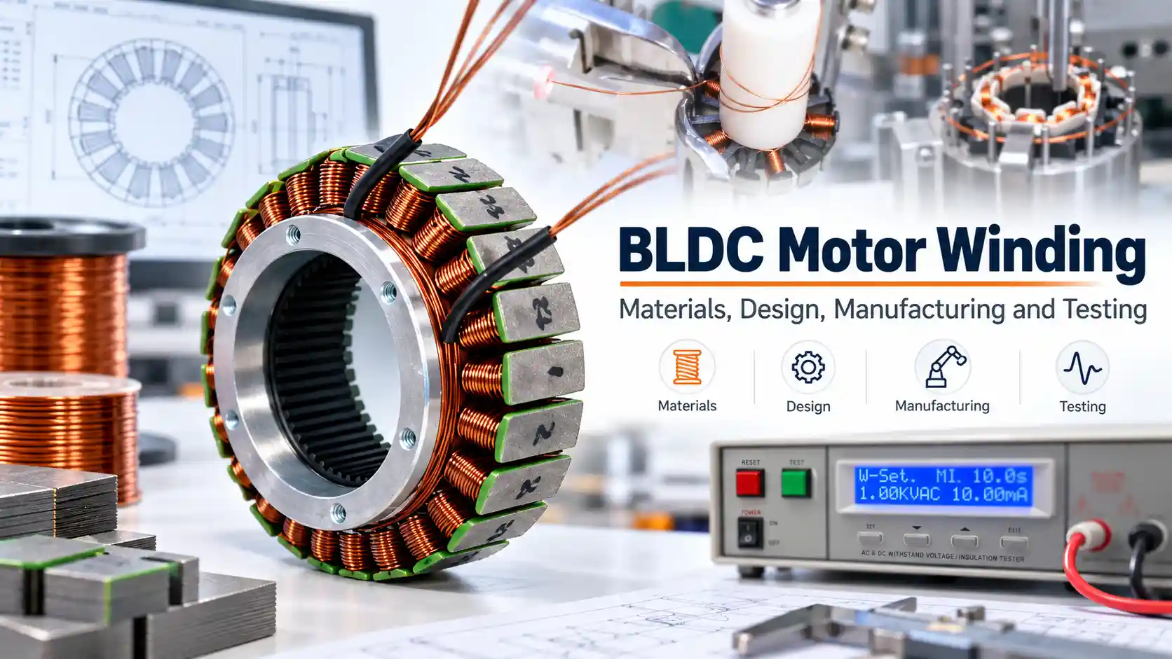 BLDC motor winding overview showing a stator winding, copper wire, winding process, manufacturing and electrical testing.
