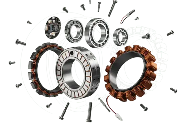 Exploded view of a custom frameless torque motor showing stator, rotor, and bearings.