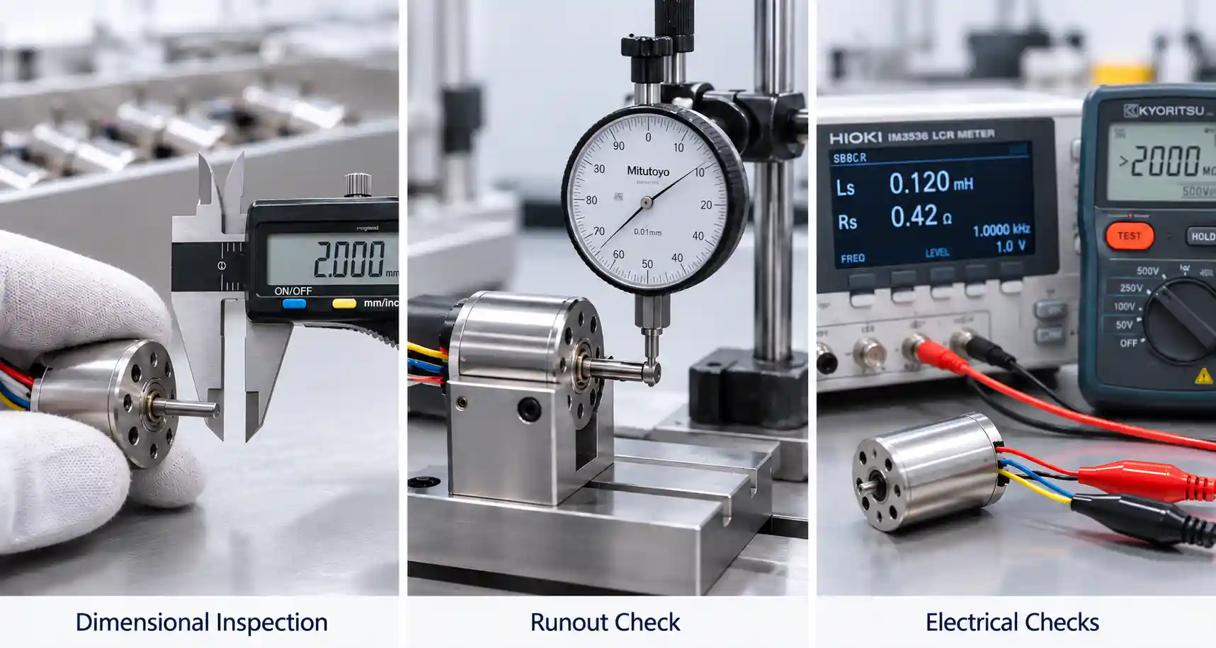 BLDC Motor Testing: Complete Guide to Inspection, Performance & Validation 2 BLDC motor dimensional inspection, shaft runout check and electrical testing before performance validation