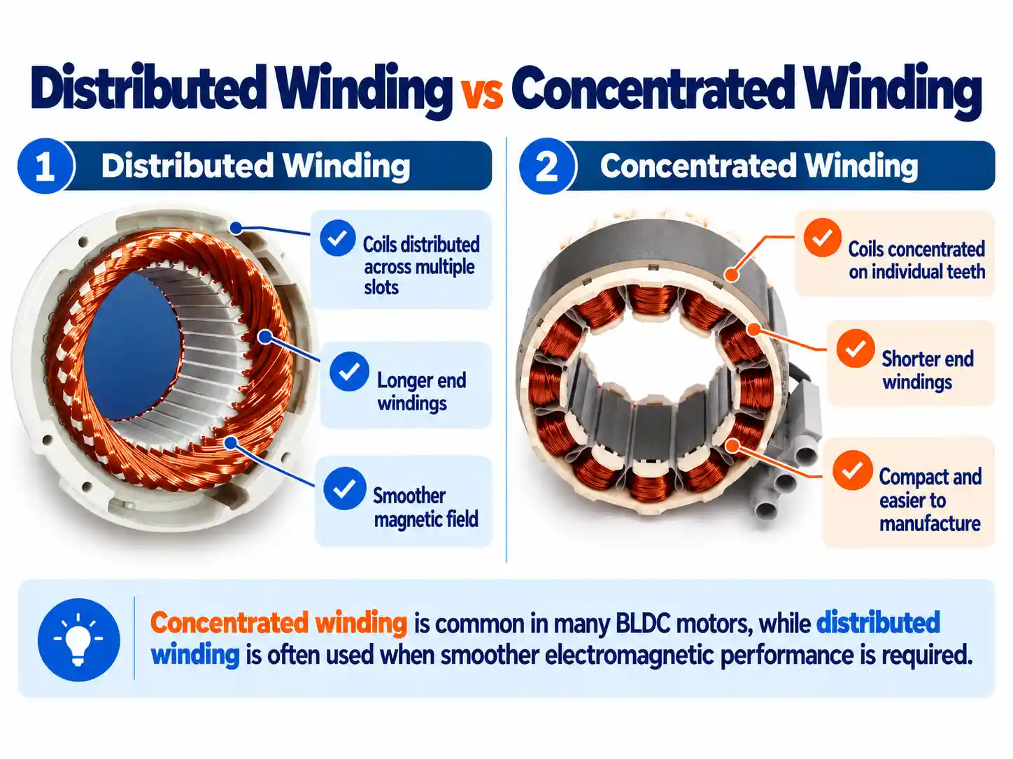 BLDC Motor Winding: Materials, Design, Manufacturing and Testing 3 Distributed winding and concentrated winding comparison in BLDC stator design