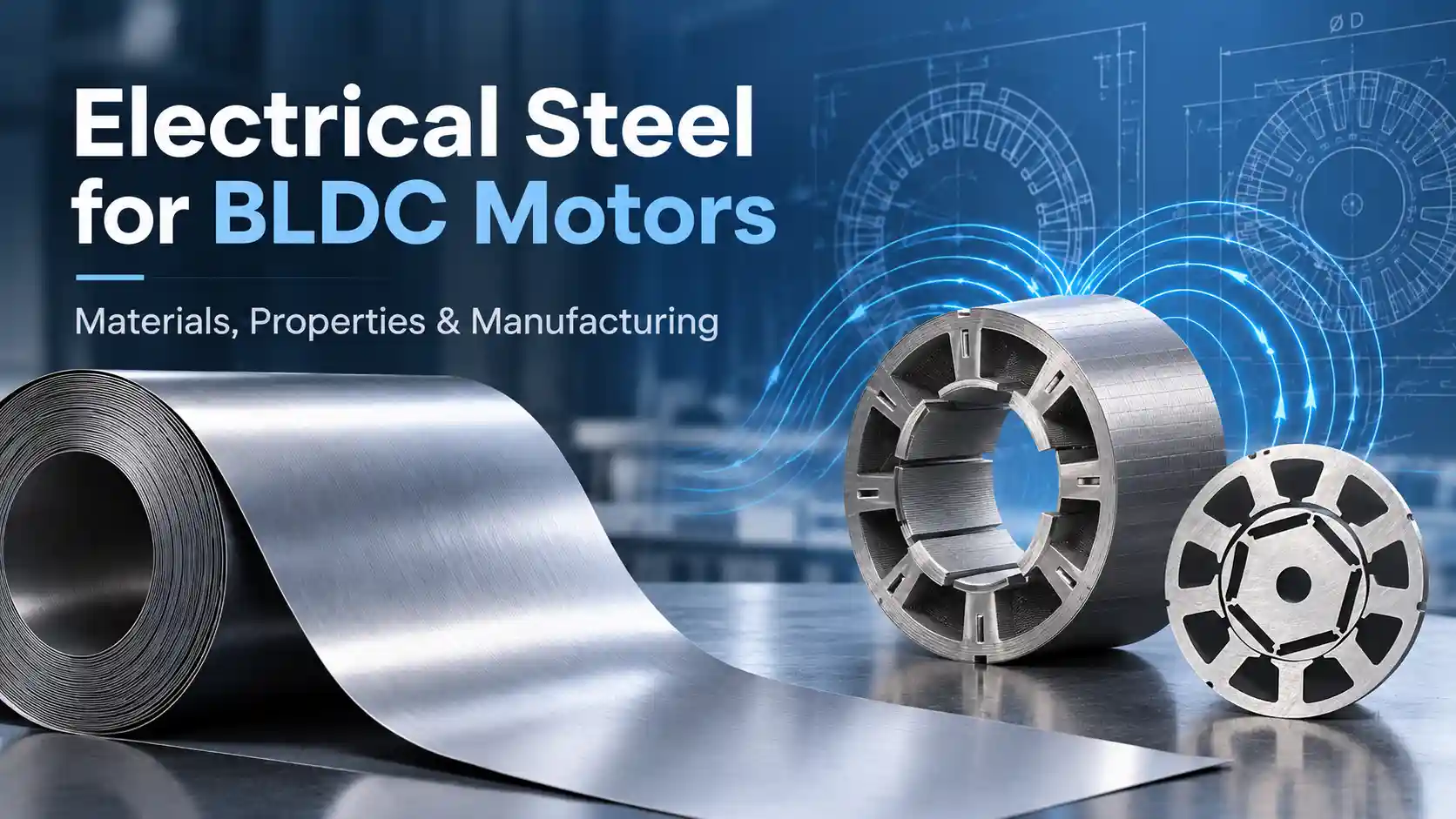 Electrical steel selection for BLDC motors showing stator and rotor core applications
