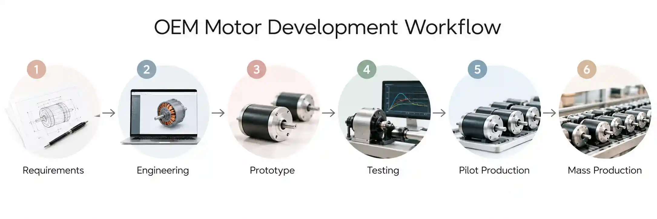 OEM BLDC motor development workflow from requirements and engineering to prototype testing, pilot production and mass production
