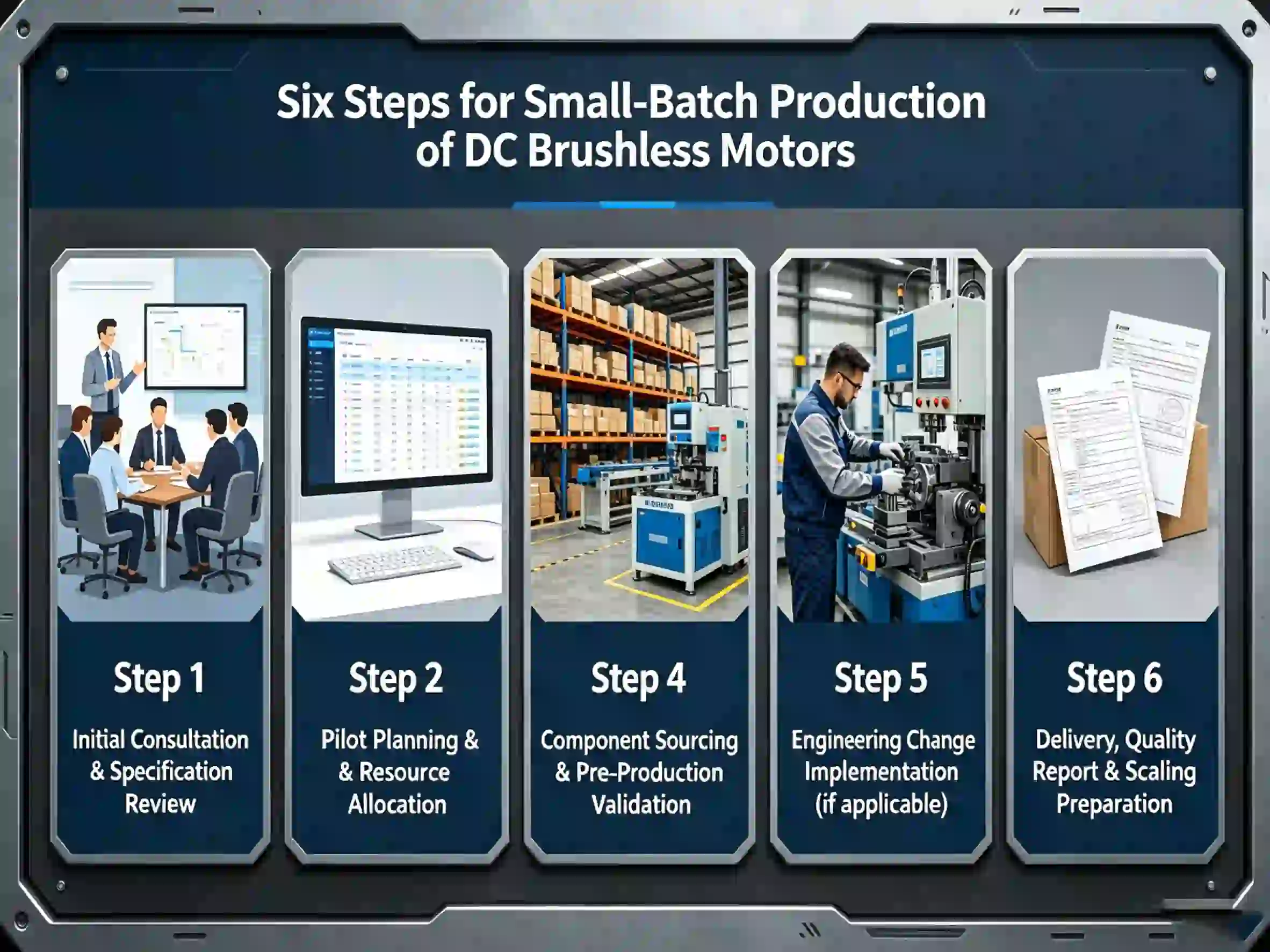A systematic, transparent manufacturing workflow with clear deliverables at each stage — built for engineering teams that need flexible pilot runs and zero production risk.