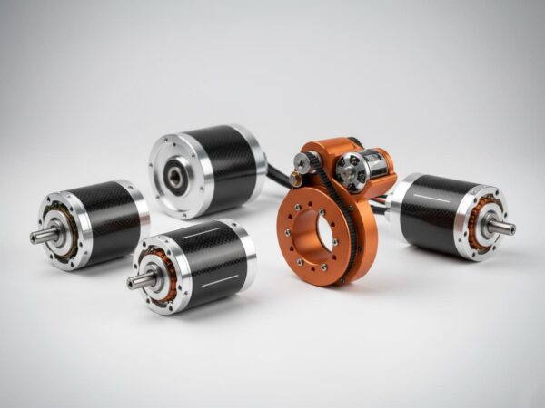 Macro close-up of an IHS Smart Drive integrated robot joint actuator, highlighting the large hollow shaft for seamless cable routing and its high-precision encoder for direct-drive setups.