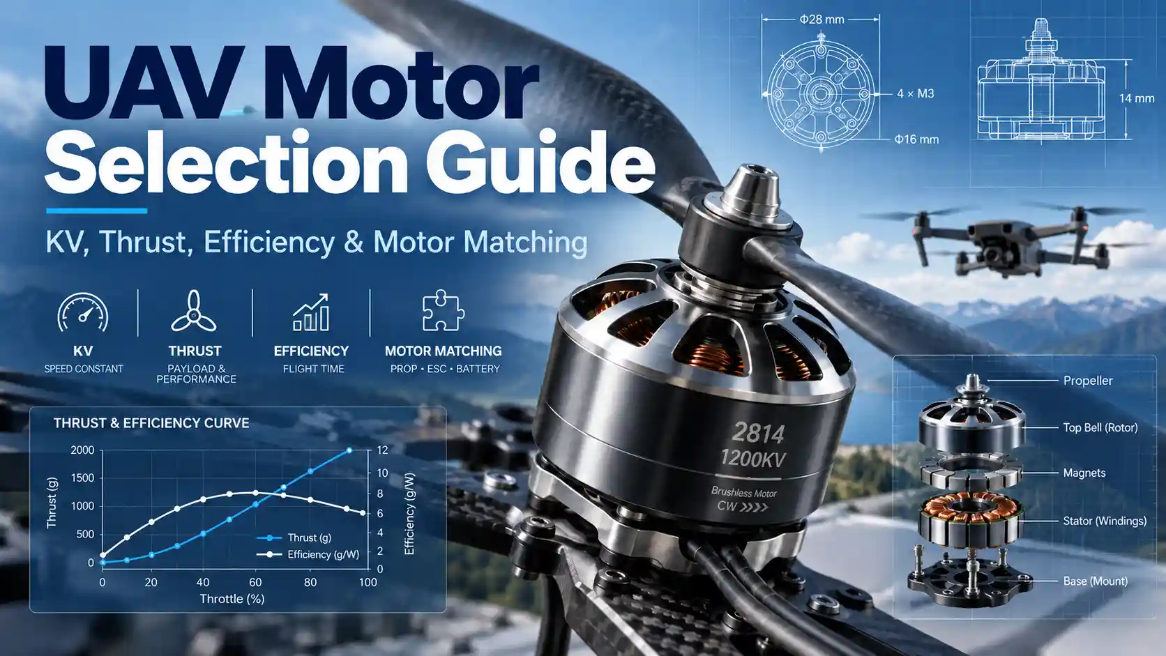 UAV motor selection guide covering KV rating, thrust, efficiency and BLDC motor matching for drone applications