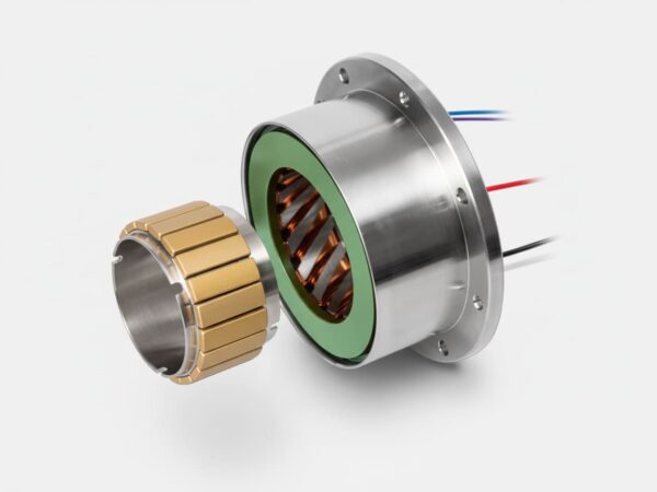 Disassembled custom automotive BLDC motor showcasing advanced skewed stator technology and inner rotor to minimize cogging torque and NVH.