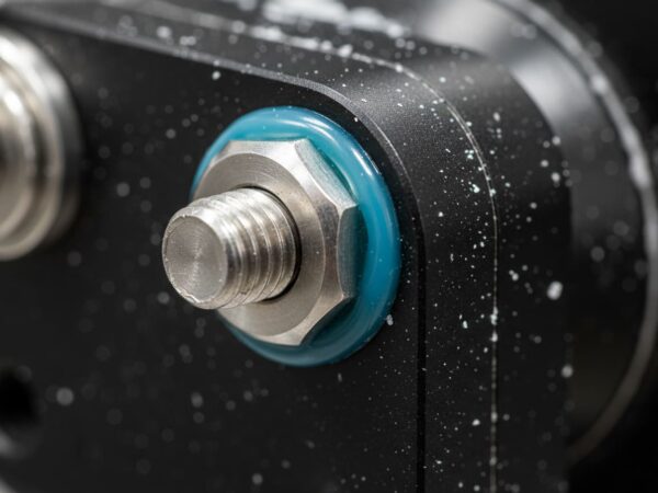 Extreme close-up of an IHS Smart Drive marine thruster motor during a salt-spray test, proving the corrosion resistance of its hard-anodized aluminum housing and 316L stainless steel bolts in saltwater environments.