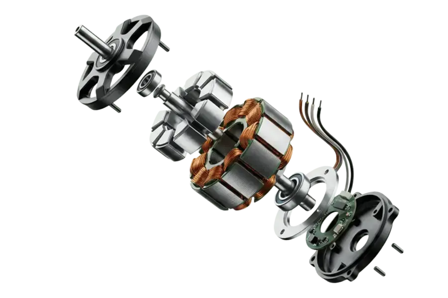 Exploded view of a custom high-performance BLDC motor showing precision stator, rotor, and windings for robotics and industrial applications.