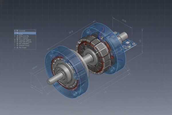 3D CAD model rendering of a custom brushless DC motor for electromagnetic design services