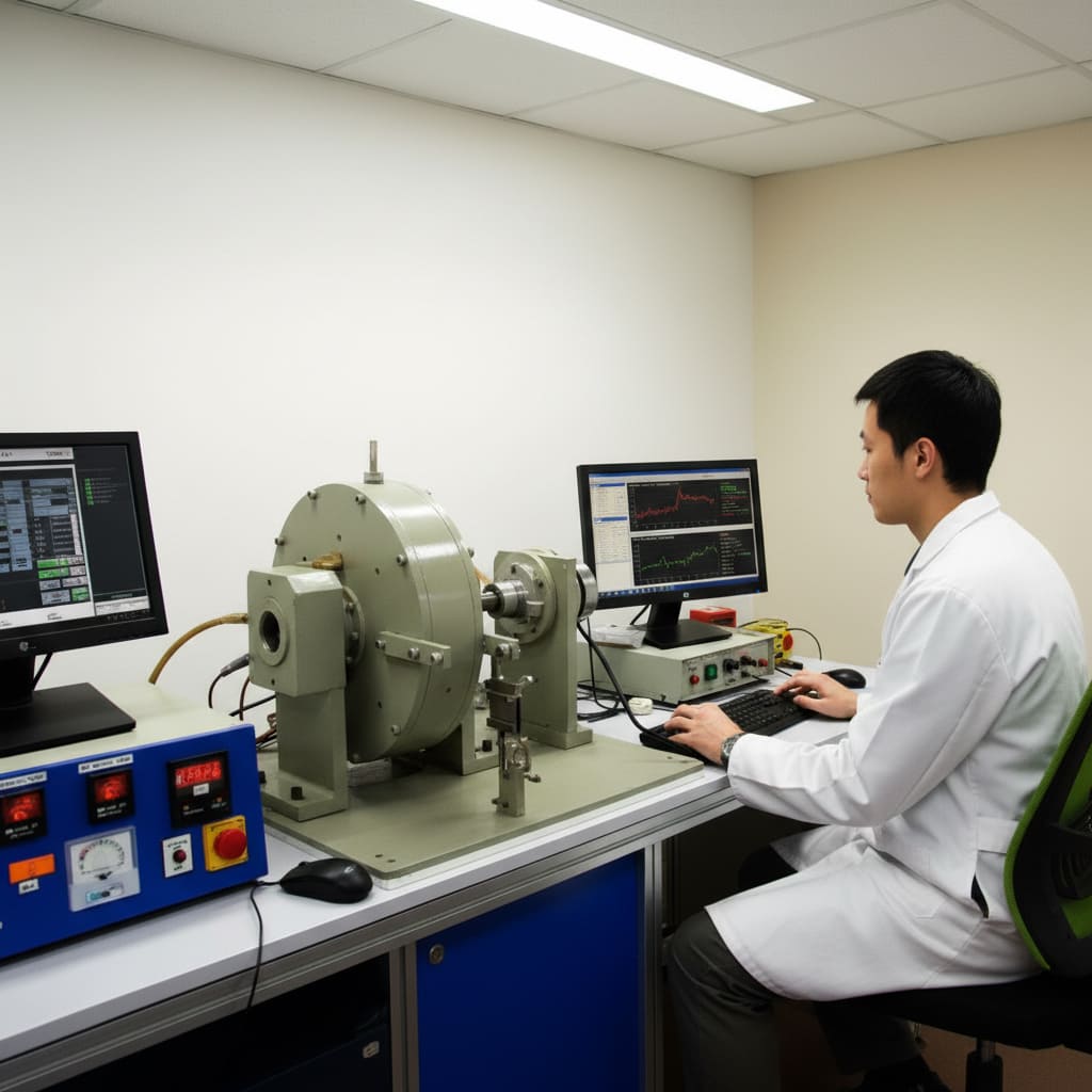 Engineer testing an electric motor prototype on a lab test bench with performance data on screen.