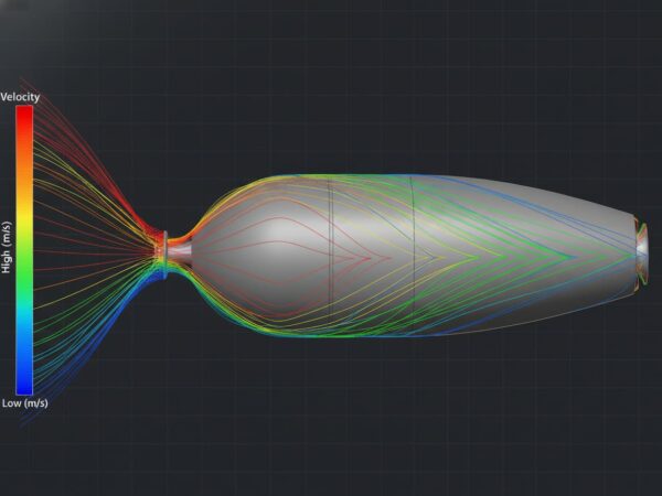 CFD fluid dynamics simulation of an IHS Smart Drive high-efficiency underwater kayak motor pod, demonstrating ultra-low hydrodynamic drag for extended battery range.
