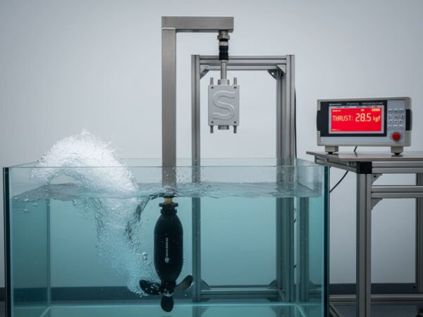 Industrial bollard pull thrust test of a compact IHS Smart Drive electric kayak motor creating an underwater vortex, with a dry digital load cell above water displaying high kilogram-force output.