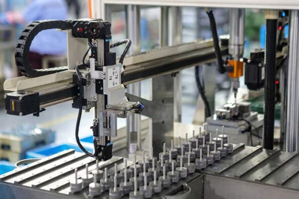 Automated robotic arm processing a batch of custom motor components for low-volume production pilot runs.