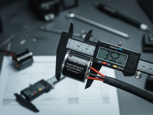 Compact Smart Drive custom automotive BLDC motor for seat adjusters and coolant pumps, measured by a vernier caliper to demonstrate high torque density and small footprint