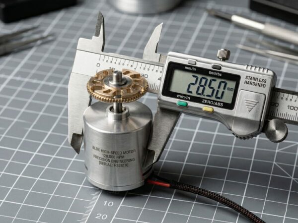 Digital caliper measuring an ultra-compact 28.5mm IHS Smart Drive BLDC motor, designed for space-constrained smart home appliances.