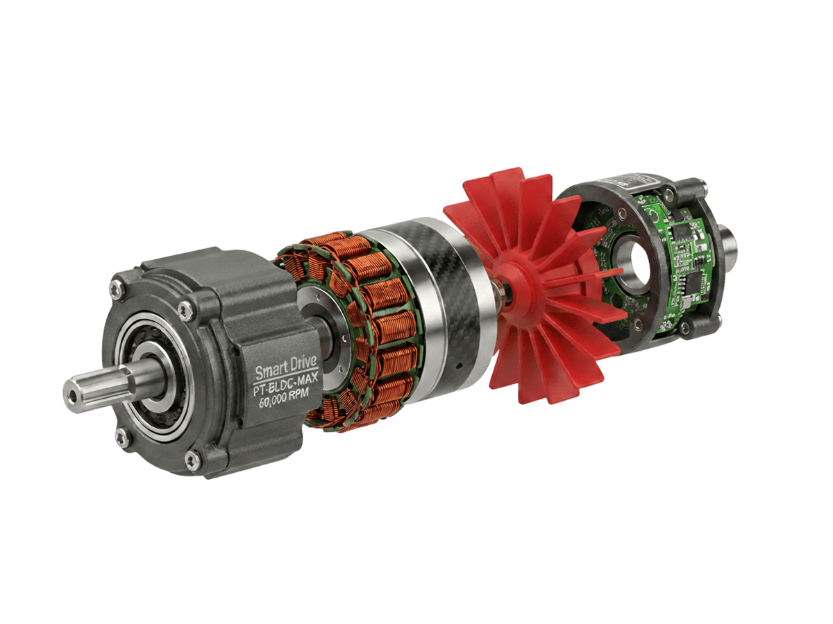 Exploded view of an IHS Smart Drive custom brushless motor for cordless power tools, highlighting thick copper windings for high torque and an integrated centrifugal fan for heavy-load thermal management.