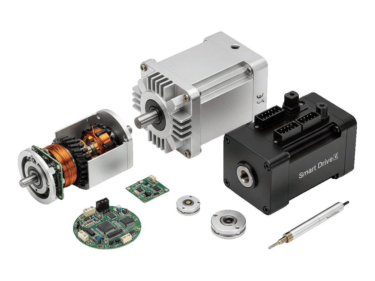 Comprehensive product family of IHS Smart Drive custom BLDC motors, including industrial servo motors, gear motors, micro motors, and integrated PCB controllers.