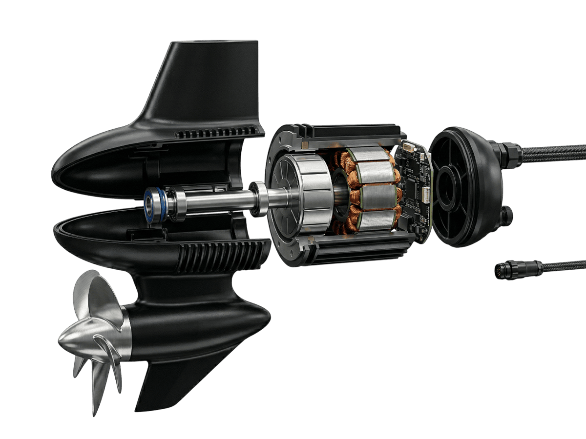 Exploded view technical diagram of an IHS Smart Drive custom electric kayak thruster motor, explicitly showcasing the IP68 waterproof housing, high-thrust propeller, and integrated FOC controller PCB for marine applications.
