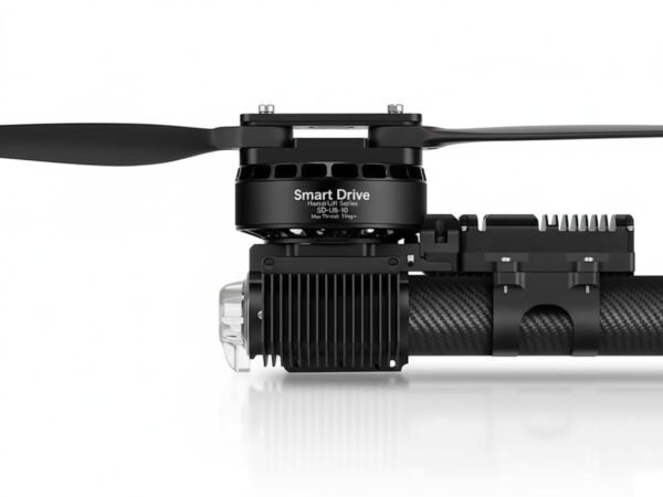 Smart Drive custom heavy-lift UAV propulsion module featuring a pancake brushless motor, a large carbon fiber propeller, and an integrated high-performance heat sink on a carbon fiber arm, demonstrating robust thrust and thermal management for heavy payloads.