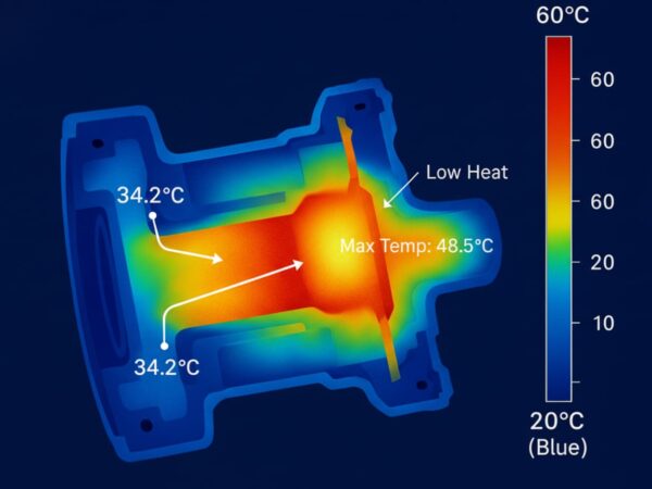 Infrared thermal imaging of an IHS Smart Drive robotics motor operating at over 94% peak efficiency, visually proving its minimal thermal rise during long duty cycles compared to standard motors