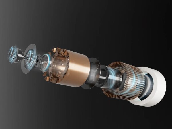 Extreme macro view of dense orthocyclic copper windings in an IHS Smart Drive slotless BLDC motor, engineered for over 90% energy efficiency.