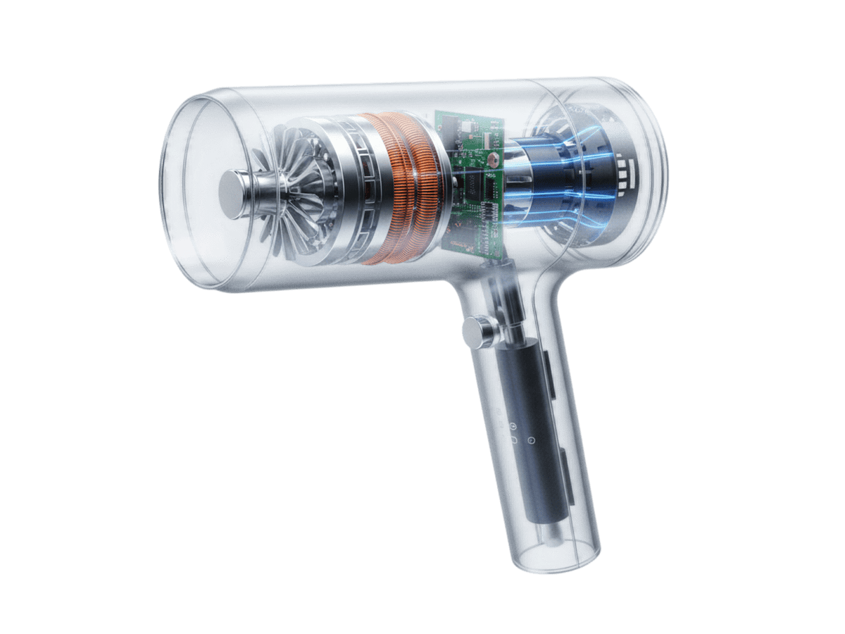 Ghosted X-ray view of a premium smart appliance, showcasing an IHS Smart Drive ultra-compact, high-speed 120,000 RPM BLDC motor perfectly integrated for high performance and low noise.