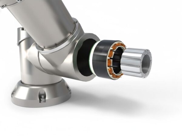 A compact and lightweight IHS Smart Drive robotics motor seamlessly mounted on a carbon fiber exoskeleton arm, engineered for high power-to-weight ratio in wearable and assistive devices.