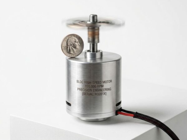 A coin standing on edge on a running IHS Smart Drive high-speed BLDC motor, providing visual proof of precision balancing and zero vibration.